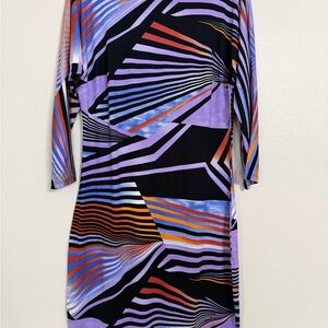 Cache Geometric Print Dress Purple Black Date Night Cocktail Dress Size L